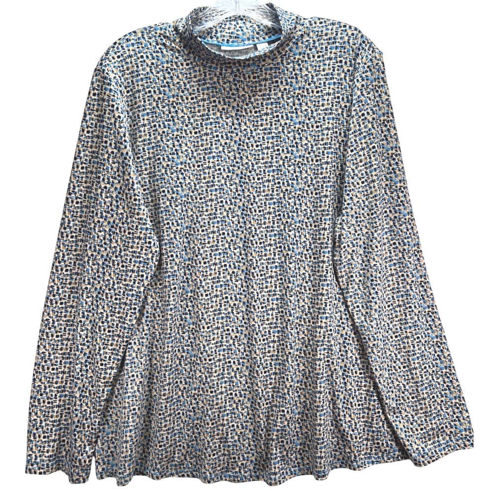 Susan Graver Women XL Blue Geometric Abstract Mock Neck Long Sleeve Top